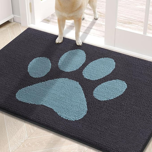 Buganda Dog Door Mat for Muddy Paws, Absorbent Dirt Trapper Non Slip Indoor Doormats, Washable Low-Profile Mat for Mud Dogs, Entryway Carpet for Inside Floor (30x20 Inches, Dark Grey and Blue)