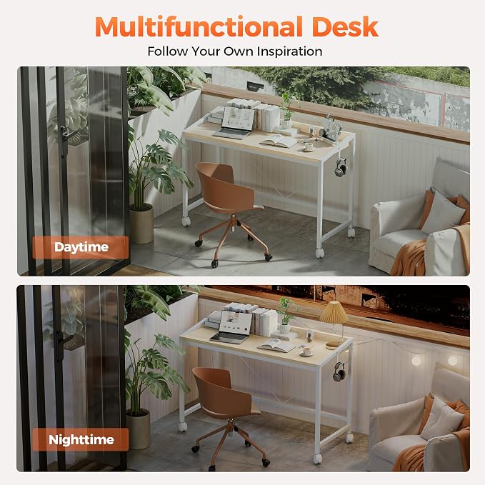 Mericonia 47x20 Inch Small Computer Desk with Wheels & Rear Lip | Simple Rolling Desk, Writing Table for Home Office Bedroom Work Study, Oak