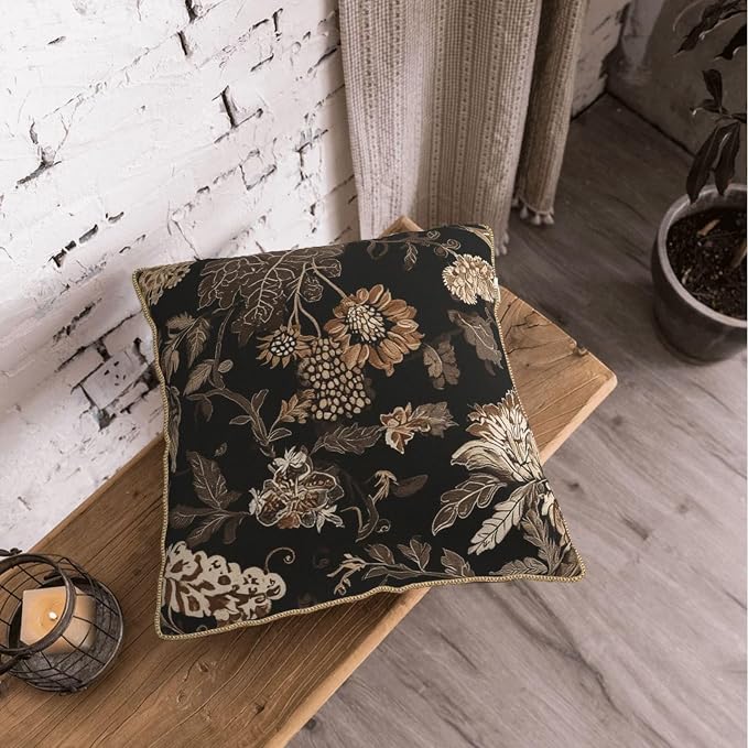Vintage Black Floral Leaves Velvet Pillow Covers 18x18 Inch Brown Beige Tan Boho Flowers Throw Pillows For Couch Cushion Covers Pillowcase Farmhouse Bohemian Pillow Cases for Sofa Bed Bedroom