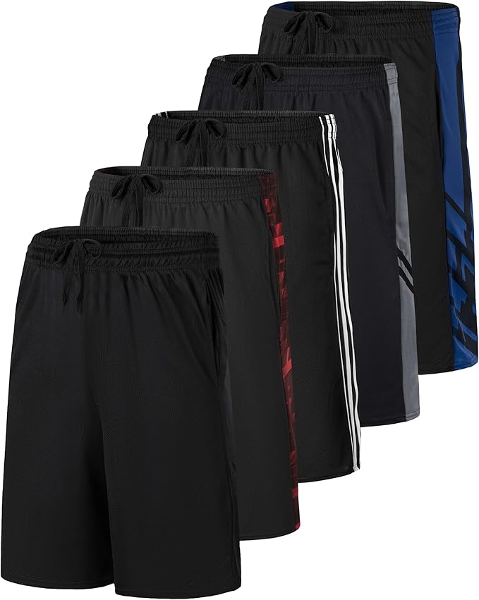 5 Pack Men's Mesh Shorts Athletic Basketball Sports Gym Workout Pockets | Cooling Moisture-Wicking, 9", Long, Quick-Dry, Breathable, Elastic Drawstring Waistband. Running, Exercise, Soccer, Training.