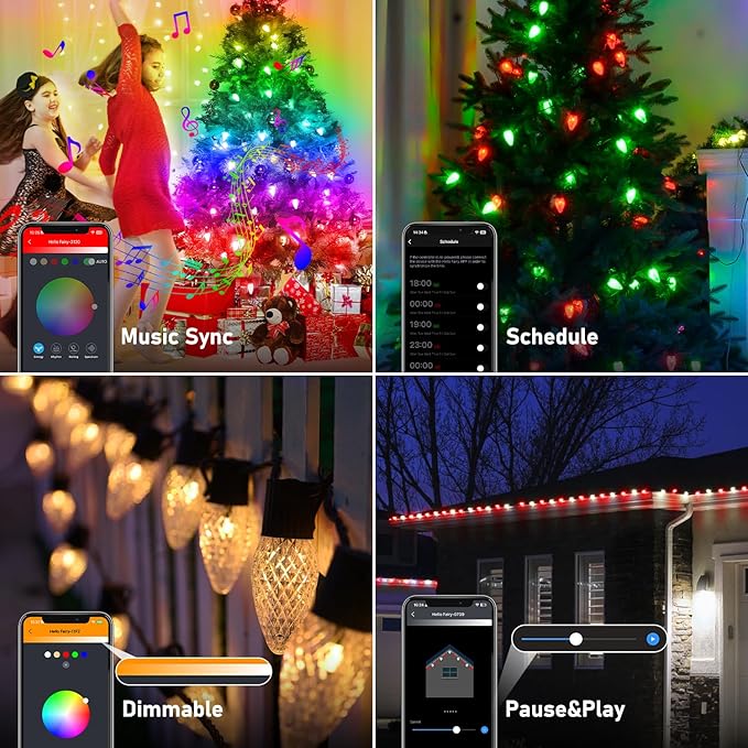 Smart C9 Christmas Lights Outdoor, 174 Feet 200 LED C9 String Lights App Control, 105 Light Modes, Waterproof Commercial Grade Connectable RGB Christmas Tree Lights for Indoor Outside Roofline Patio
