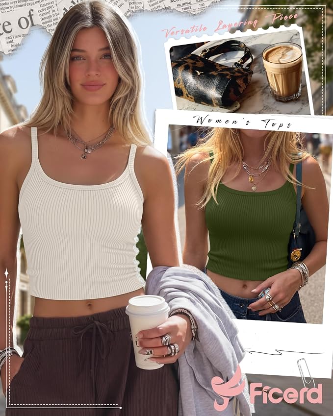 Ficerd 3 Pack Women's Tank Tops 95% Cotton Spaghetti Strap Ribbed Crop Camisole Slim Fitted Basic Summer Sleeveless Layer