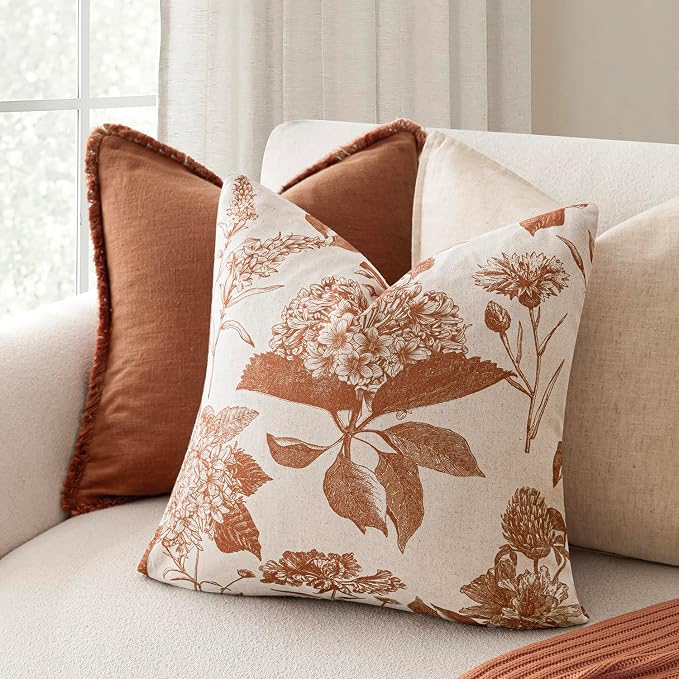 Foindtower Set of 2 Linen Floral Throw Pillow Covers Vintage Accent Print Decorative Cozy Cushion Covers Farmhouse Boho Home Decor for Sofa Chair Couch Bedroom Living Room,24×24 Inch,Autumn Orange