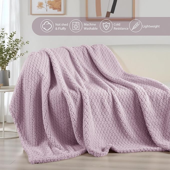 Exclusivo Mezcla Soft Fleece Twin Size Blanket for Bed, Lilac Purple | Jacquard Lightweight Cozy Bed Blanket, Breathable Decorative Fuzzy Textured All Season Use, 60x80 Inches