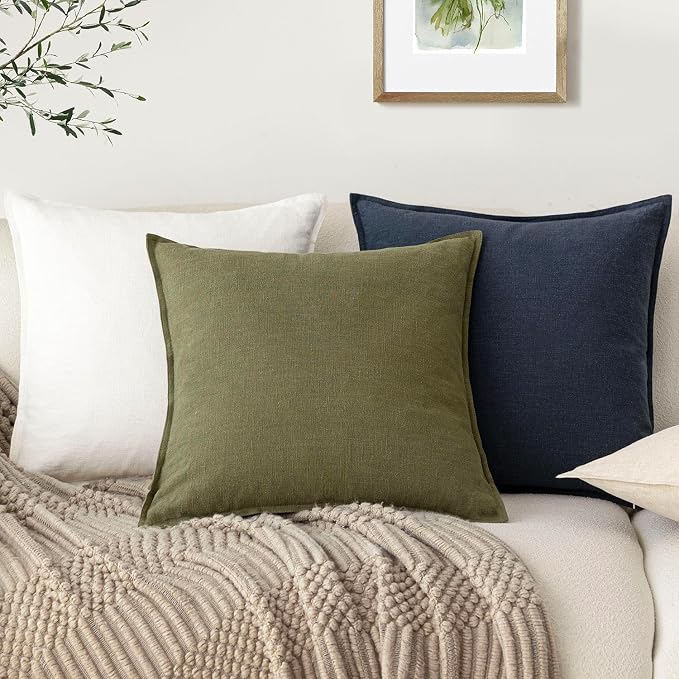 Foindtower Pack of 2, Decorative Linen Solid Throw Pillow Covers Soft Accent Square Cushion Case Boho Farmhouse Pillowcase for Chair Couch Sofa Bedroom Living Room Home Decor 24 x 24 Inch Navy Blue