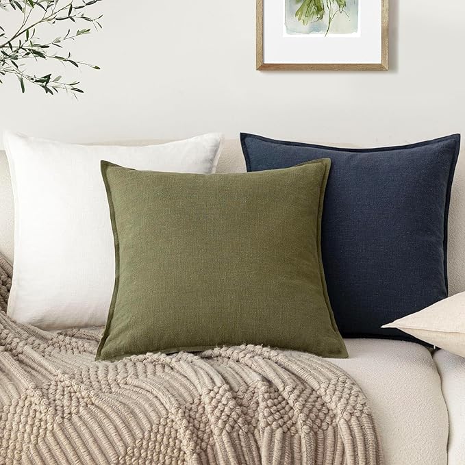 Foindtower Pack of 2, Decorative Linen Solid Throw Pillow Covers Soft Accent Cushion Case Boho Farmhouse Pillowcase for Chair Couch Sofa Bedroom Living Room Home Decor 24 x 24 Inch Olive Green