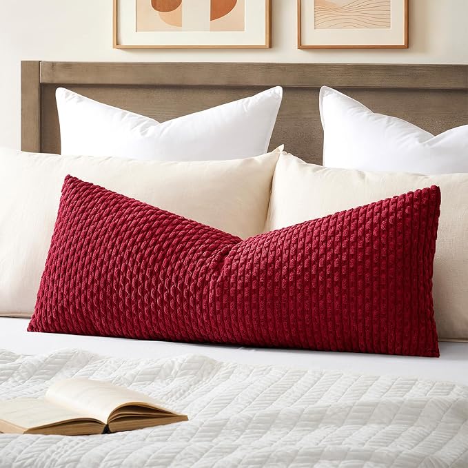 Kevin Textile Soft Corduroy 14"x36" Lumbar Pillow Cover 1 Pack, Burgundy | Boho Stripe Plush Corduroy Decorative Oblong Cushion Cover Modern Farmhouse Home Decor for Sofa Couch Bed Chair