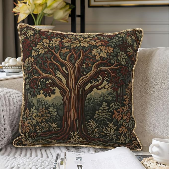 Vintage Forest Tree Velvet Pillow Covers 20x20 Inch Green Retro Tapestry Throw Pillows for Couch Cushion Covers Pillowcase Boho Farmhouse Pillow Cases for Sofa Bed Bedroom