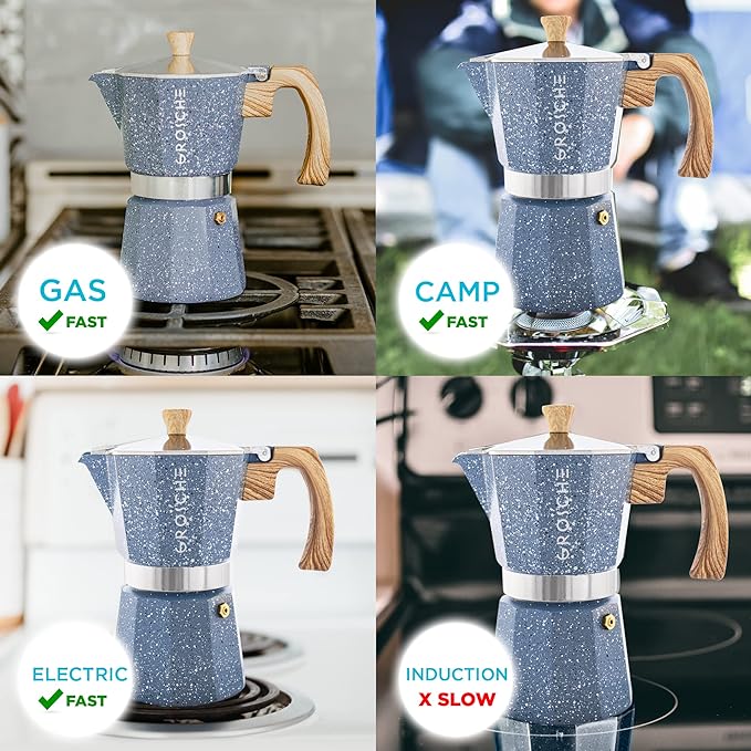 GROSCHE Milano Stovetop Espresso Maker Moka Pot 3 espresso Cup, 5 oz Indigo | Cuban Coffee Maker And Italian Moka Pot For Stovetop Espresso; For Gas, Electric, And Propane Stoves With A Soft-Touch Handle