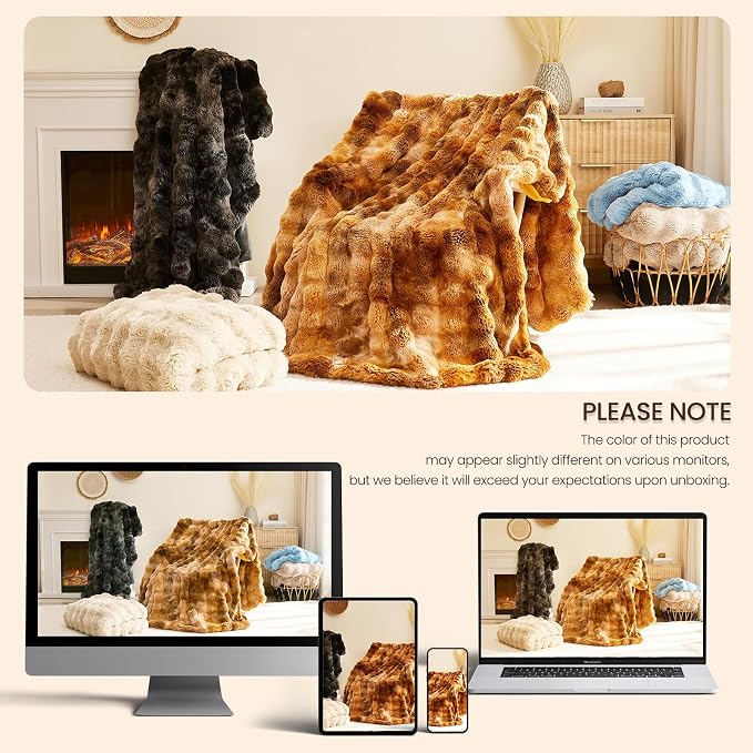 L'AGRATY Faux Rabbit Fur Throw Blanket for Couch, 60'' x 80'' Almond White | Soft Cozy Bubble Fluffy Blanket for Sofa Bed, Thick Warm Plush Fuzzy Throw for Room Home Decor, Luxury Gift for Women Mom