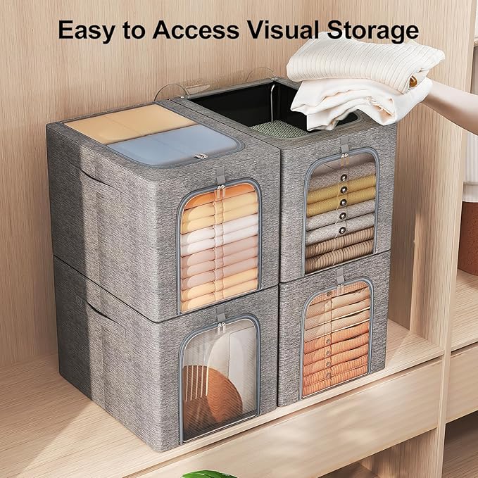 GoMaihe Clothes Storage Bin with Metal Frame: 4-Pack Stackable Closet Storage Bin with Lid & Clear Window, Sweater Boxes Storage for Closet Clothing Bedding Storage Organizer 40L
