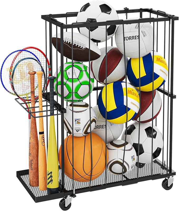 Garage Ball Storage With Baseball & Badminton Holder: Floor Sports Equipment Organizer, Sports Ball Rack With Elastic Rope, Ball Holder for Basketball, Soccer, Volleyball, Football, Garage, Gym, Black