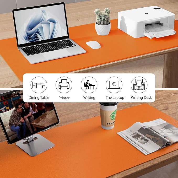 Aothia Leather Desk Pad Protector, Office Desk Mat, Large Mouse Pad, Non-Slip PU Leather Desk Blotter, Laptop Desk Pad, Waterproof Desk Writing Pad for Office and Home (48"x17", Hermes Orange)