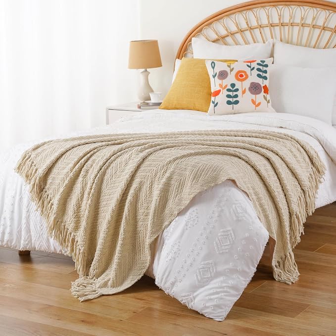 BATTILO HOME Beige Throw Blanket for Couch, Knitted Beige Throw for Bed, Neutral Throw Blankets Tan Throw Blanket for Room Decor Housewarming Gifts, 50" x 60" | Knitted Beige Blanket for Bed, Neutral Throw Blanket Warm Decorative Tan Throw Blankets for...