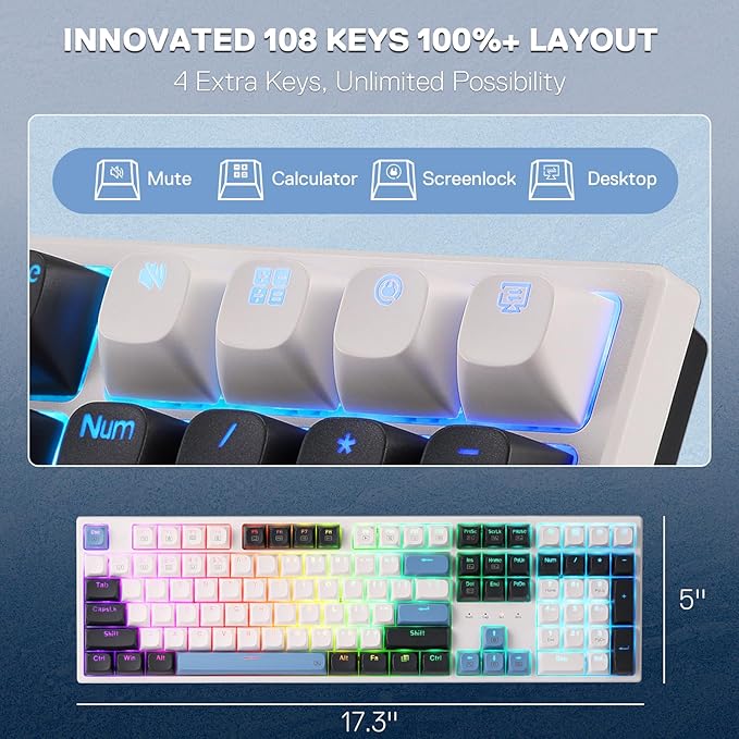 Redragon K668 108-Key Hot-Swap Wired RGB Gaming Keyboard, Extra 4 Hotkeys | Dedicated Shortcut Keys for Mute, Calc & Desktop, Cushioned Noise Dampening for Creamy Thocky Sound, Swap-Ready, PRO Software