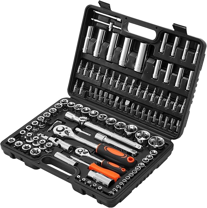 VEVOR Socket Set, 108 Pieces, 1/4 & 1/2 inch Drive Socket and Ratchet Set, Metric Size from 4 to 32 mm, Mechanic Tool Kit with Bits, Accessories, Storage Case, CR-V Alloy Steel, for Automotive Repair