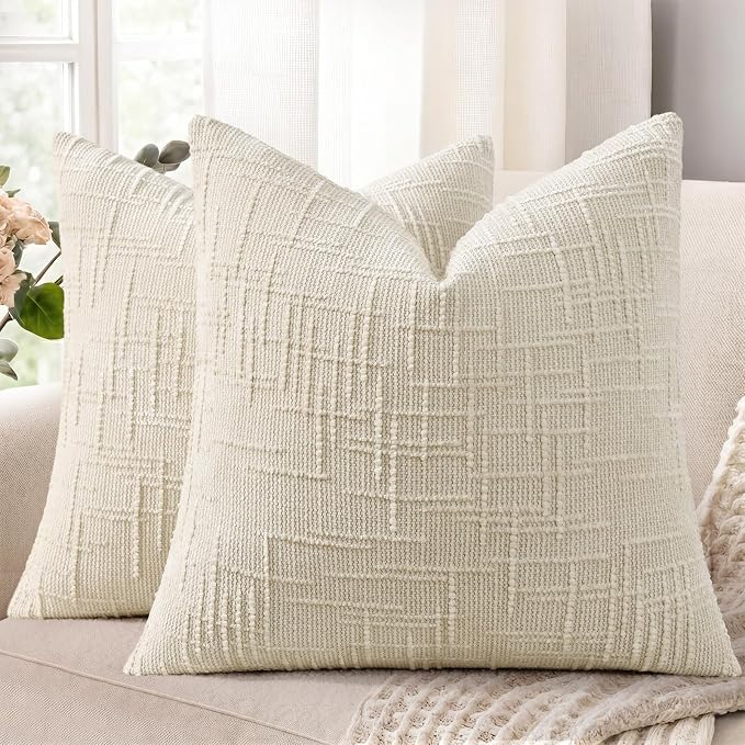decorUhome Textured Chenille Throw Pillow Covers 18x18 Set of 2 Light Cream | Fall Modern Farmhouse Soft Cozy Slubby Couch Pillow Cases Boho Decorative Pillow Cases for Bed Sofa Living Room Home Decor