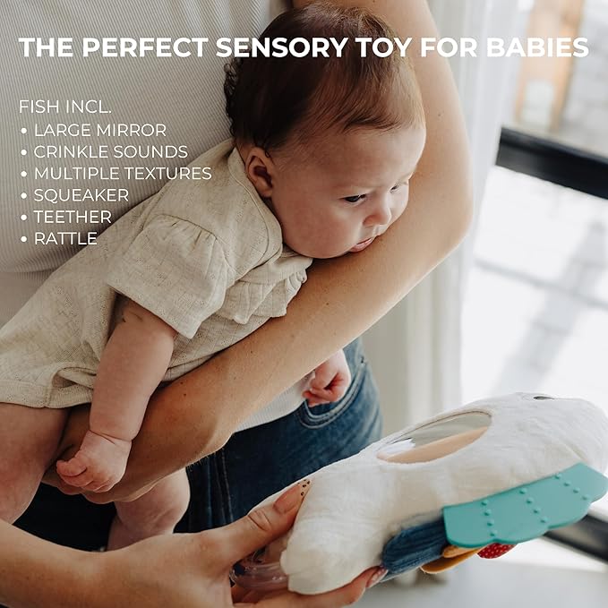 Soft Baby Sensory Toy with Tummy Time Mirror - Entertaining Fish Toy for Infants 0-6, 3-6, 6-12 Months with Rattle & Crinkle Paper - Perfect Montessori for Baby Showers & as Newborn/Infant Gift