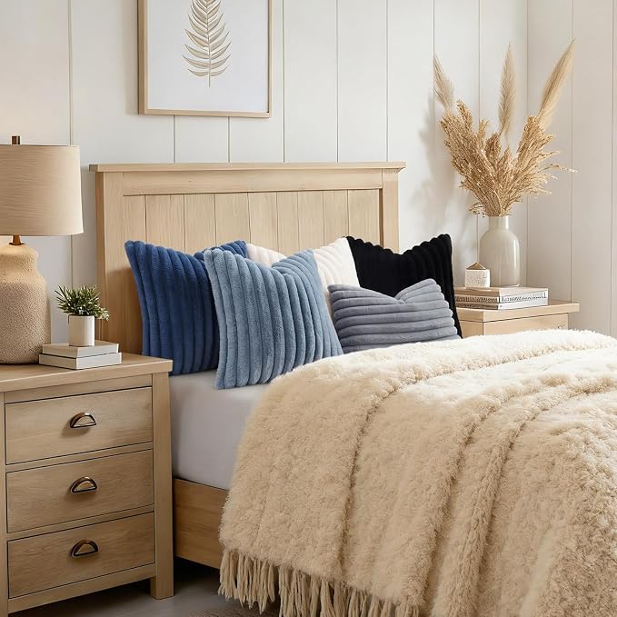 decorUhome Fall Faux Fur Throw Pillow Covers 20x20 Set of 2 Navy Blue | Decorative Soft Cozy Striped Plush Modern Farmhouse Boho Couch Pillow Cases Velvet Back for Sofa Bed Living Room Home Decor