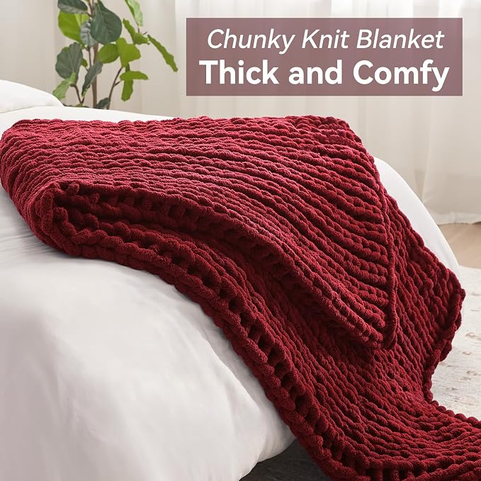 Negwoo Chunky Knit Throw Blanket, Knitted Throw Chenille Yarn, 80"*90" | Soft Thick Cable Knitted Blankets, Handmade Big Thick Blanket, Machine Washable Cute Comfy Blanket for Home Decor, Red