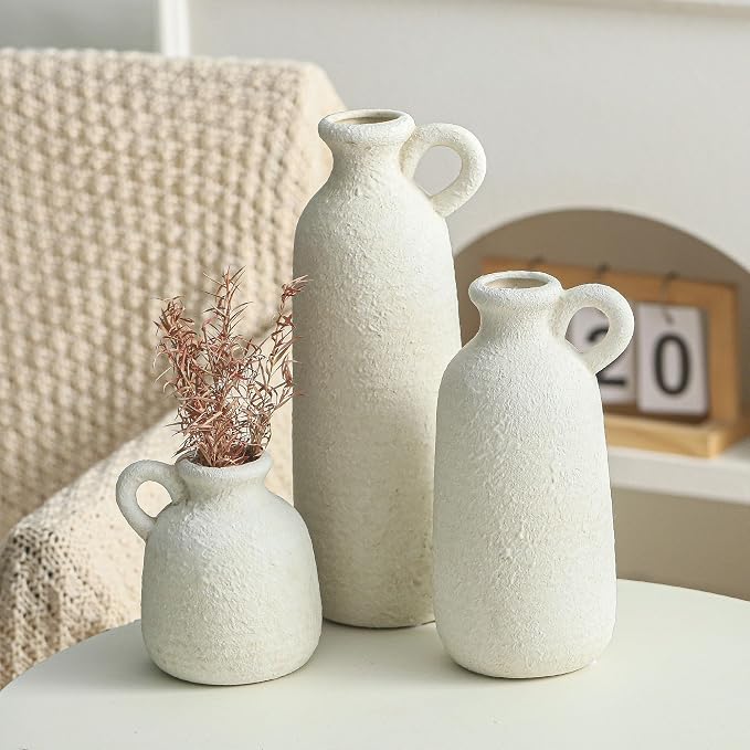 Ceramic Vase Set of 3 with Handle, Neutral Rustic Vases Home Decor Farmhouse Decorative Vase Whitewashed Pottery Decor Modern for Table Mantel Entryway Bookshelf Living Room Kitchen Bedroom - White