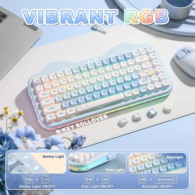 YUNZII C75 Cute 75% Wireless Mechanical Keyboard (Blue, Candy Switch) | Creamy Cake Keyboard, BT5.0/2.4G/USB-C, Hot-Swap, NKRO, PBT MOA Keycaps,5500mAh RGB Gasket Mount for Mac/Win/Gaming/Office