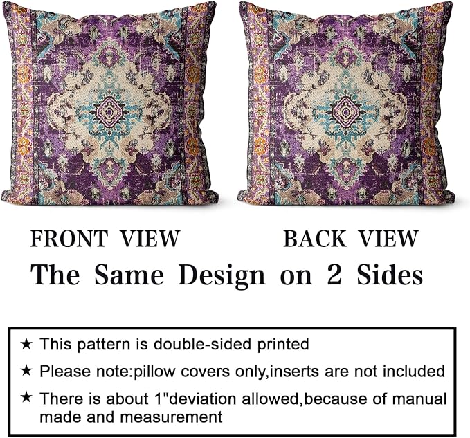 Snycler Boho Throw Pillow Covers 16x16 inch Set of 2 Boho Rug Carpet Double Sided Pattern Cotton Soft Pillow Case Cushion Cover Pillowcase for Couch Sofa Bed Decorative (Purple)