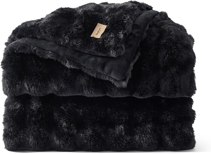 Bedsure GentleSoft Bubble Faux Fur Blankets Queen Size, Fluffy Fuzzy Queen Blanket for Bed, Soft Cozy Faux Fur Bedding for Winter, Thick Warm Plush Bed Cover, Black, 90x90