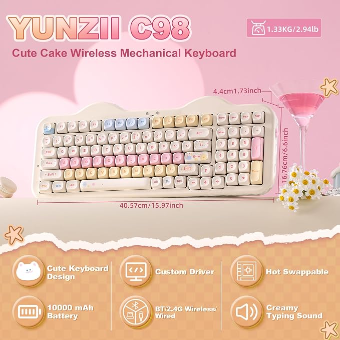 YUNZII C98 Cute Cake Wireless Mechanical Keyboard (Beige, Candy Switch) | 99 Keys with Number Pad, Hot Swap, PBT MOA Keycaps, BT5.0/2.4G/USB-C, Gasket Mount, Custom RGB Backlit for Win/Mac