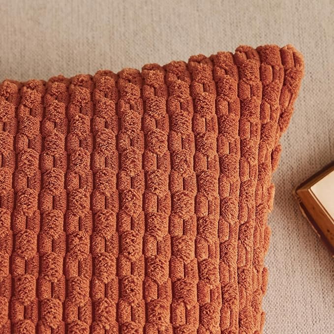 Kevin Textile Soft Corduroy 14"x24" Lumbar Pillow Cover 1 Pack, Rust | Fall Boho Stripe Plush Corduroy Decorative Oblong Cushion Cover Modern Farmhouse Home Decor for Sofa Couch Bed Chair