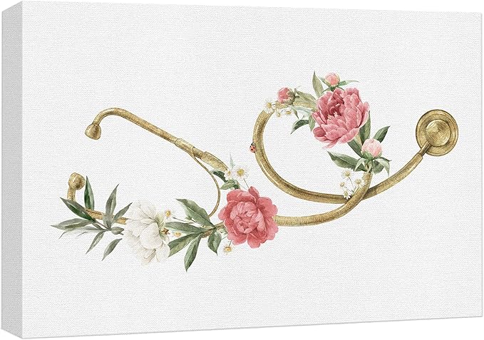 wall26 Canvas Print Wall Art Gold Doctor's Stethoscope Rose Flowers Medical & Hospital Health Illustrations Modern Art Floral Botanical Colorful Decorative for Living Room, Bedroom, Office - 32"x48"
