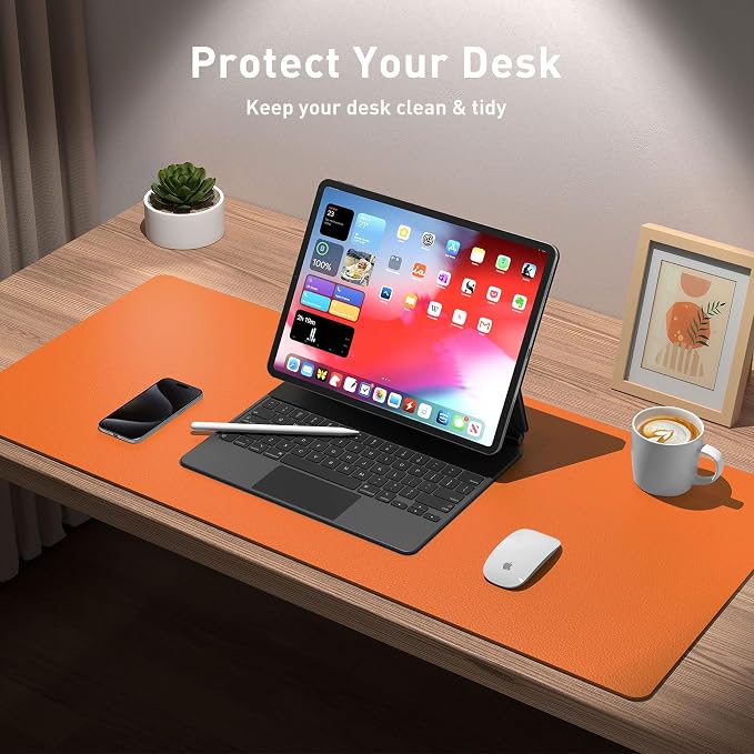 Aothia Leather Desk Pad Protector, Mouse Pad, Office Desk Mat, Non-Slip PU Leather Desk Blotter, Laptop Desk Pad, Waterproof Desk Writing Pad for Office and Home (31.5" x 15.7",Hermes Orange)