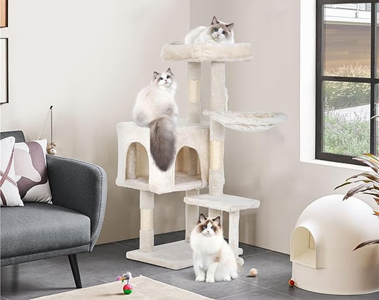 Cat Tree Tower, 36" Small Cat Tower for Indoor Cats with Scratching Post, Bed, Condo, Hang Ball, Multi-Level Climbing Cat Trees Cat Furniture Activity Center, Beige