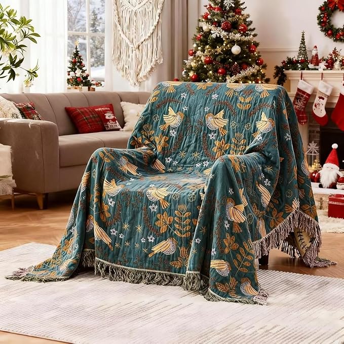 Boho Throw Blanket for Bed 100% Cotton Bohemian Blankets Ultra Soft Woven Muslin Decorative Blankets All Seasons Vintage Quilt Knitted Blanket for Sofa Chair(Blue, 80"x90")