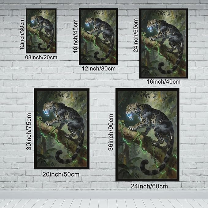 Framed Steampunk Mechanical Leopard Wall Art - Jungle Futuristic Beast Poster for Man Cave Living Room Decor 16x24in