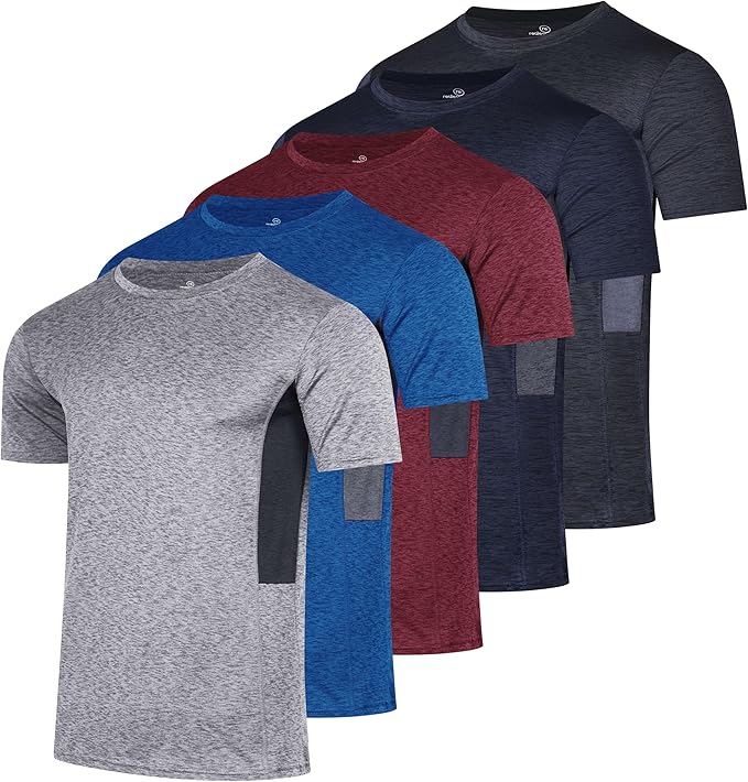 5 Pack Men's Dry Fit Short Sleeve T-Shirt Gym Workout Athletic Running Tee | Cooling, Moisture-Wicking, Crew Neck, Quick-Dry, Breathable, Active, Exercise, Fitness, Basketball, Cycling, Hiking, Tennis