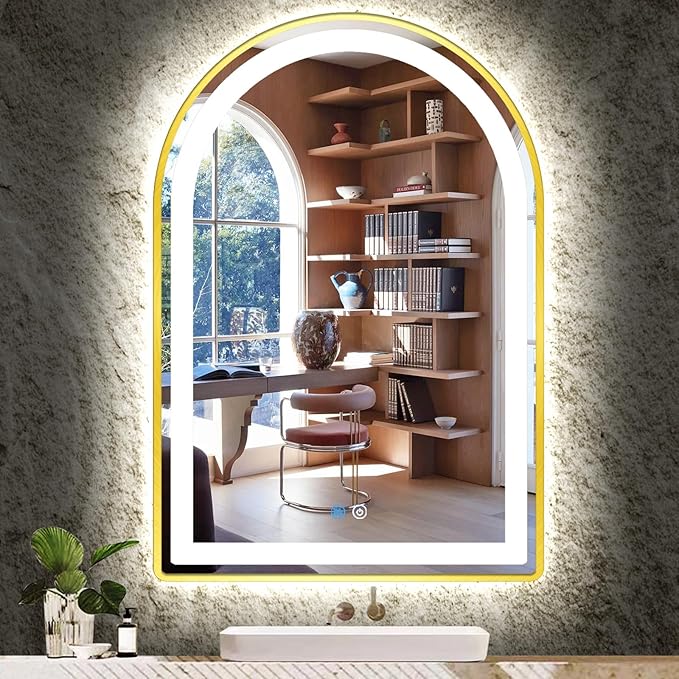 24 x 36 Inch Gold Arch LED Mirror for Bathroom Salon Wall Makeup Table Desk 36 Inch Arch Lighted Vanity Mirror with Lights 3 Color Dimmable AntiFog Gold Frame LED Arched Mirrors with Lights
