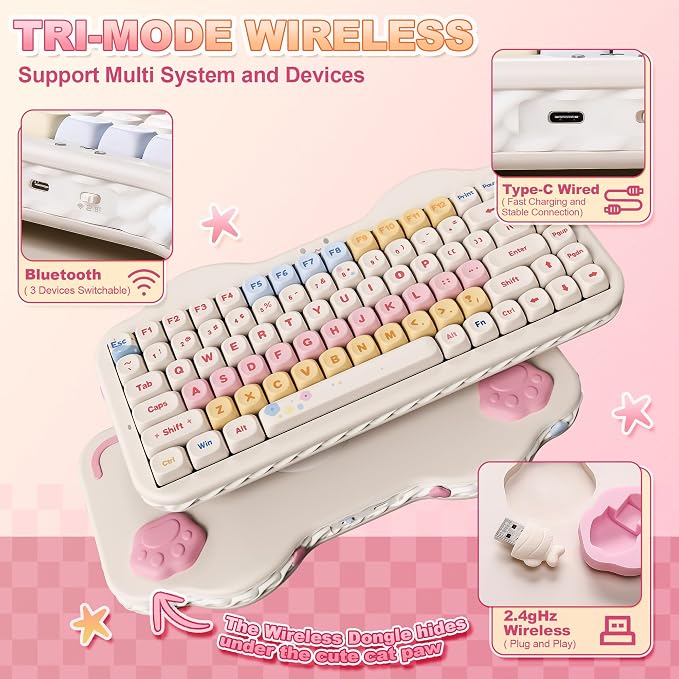 YUNZII C75 Cute 75% Wireless Mechanical Keyboard (Beige, Milk Switch) | Creamy Cake Keyboard, BT5.0/2.4G/USB-C, Hot-Swap, NKRO, PBT MOA Keycaps,5500mAh RGB Gasket Mount for Mac/Win/Gaming/Office