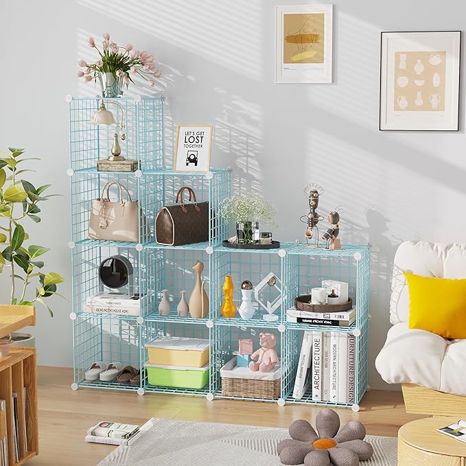 C&AHOME Wire Cube Storage, 12 - Cube Organizer Metal C Grids, Modular Shelves Units, Closet Organizer, Ideal for Home, Office, Living Room, 36.6”L x 12.4”W 48.4”H, Blue UWCS3012B
