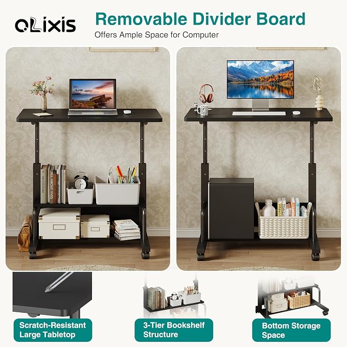 OLIXIS Rolling Desk, Storage Shelves, Laptop Table, Home Office | Height Adjustable Design, Computer Desks on Wheels, Portable for Small Spaces Use, Black