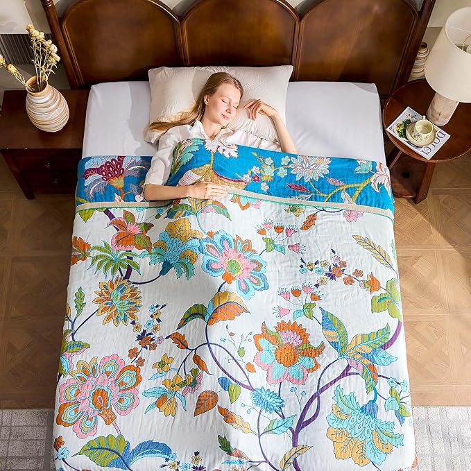 XIBLC Summer Throw Blanket, 90"x98" Reversible Bohemian Flower Blanket, 100% Cotton Muslin Breathable Woven, Farmhouse Decorative Throw Blanket