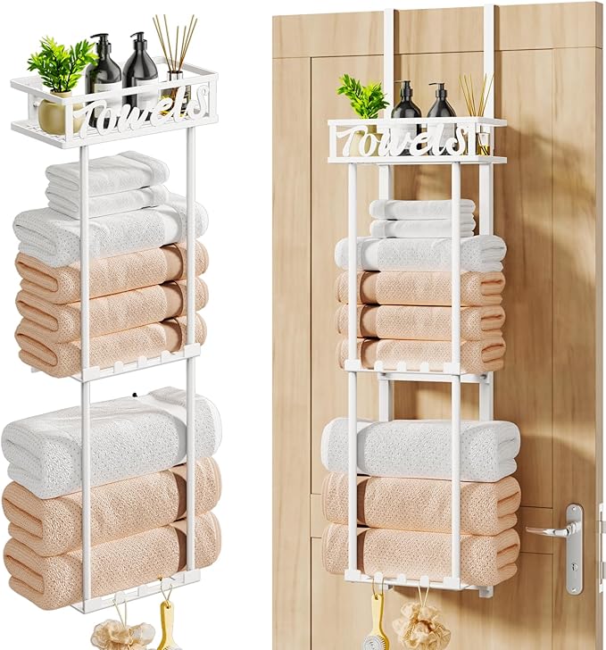 HapiRm Towel Rack Bathroom Storage - 3 Tier Over The Door & Wall Mounted Rolled Towel Racks Holder Organizer with Metal Shelf and 6 Hooks for Small Bathroom, Camper, Rv - White