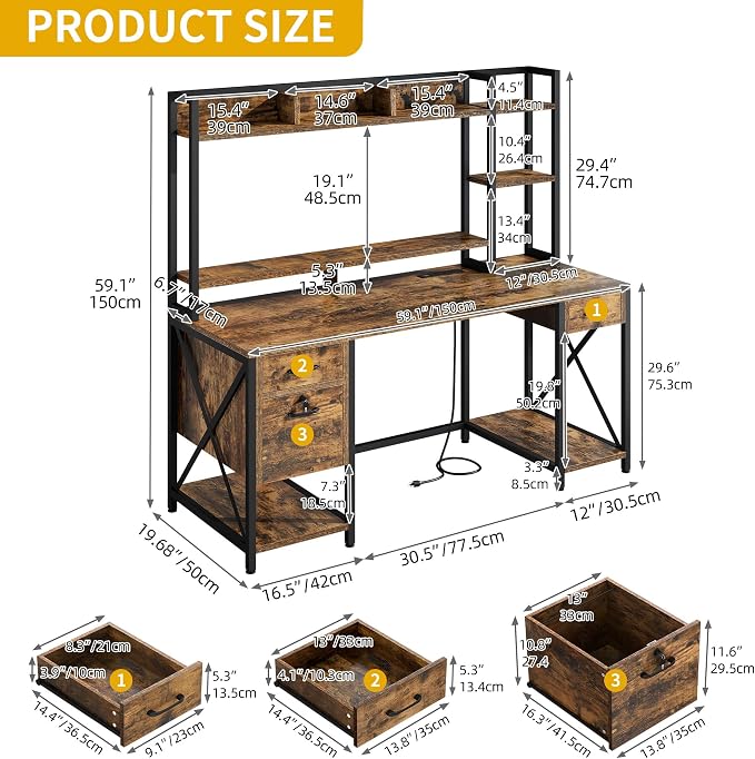 DWVO Computer Desk with Drawers & Hutch, 59.1" Office Desk with Power Outlets & LED Lights, Home Office Desk with Storage Shelves, Rustic Brown | Built-In Power Outlets, Led Lights, Hutch Shelves, Storage Drawers, for Home Office Work Study, Easy Assembly