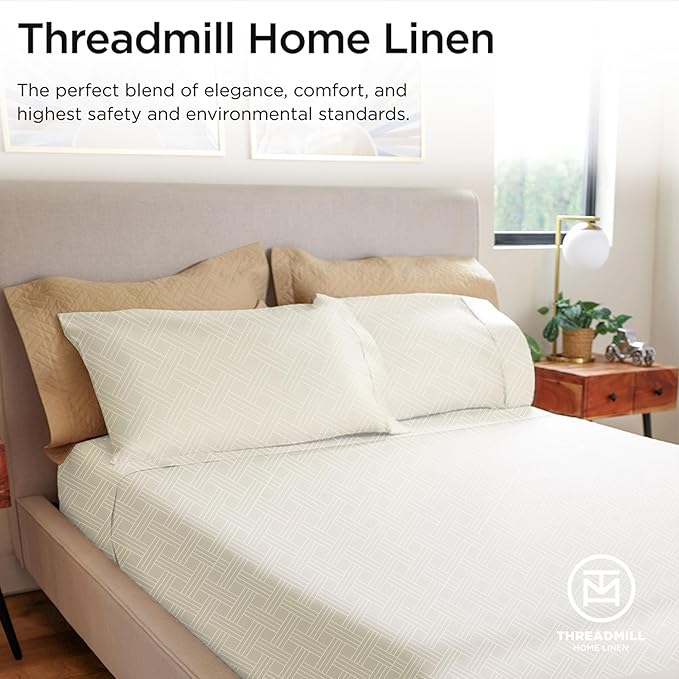 Threadmill Twin Bed-Sheets - 800 Thread Count Jacquard Celine Ivory 100% Natural Cotton 3 Piece Striped Bed Set, Extra Long Staple Cotton, Comfy Damask Sheets with Elasticized Deep Pocket