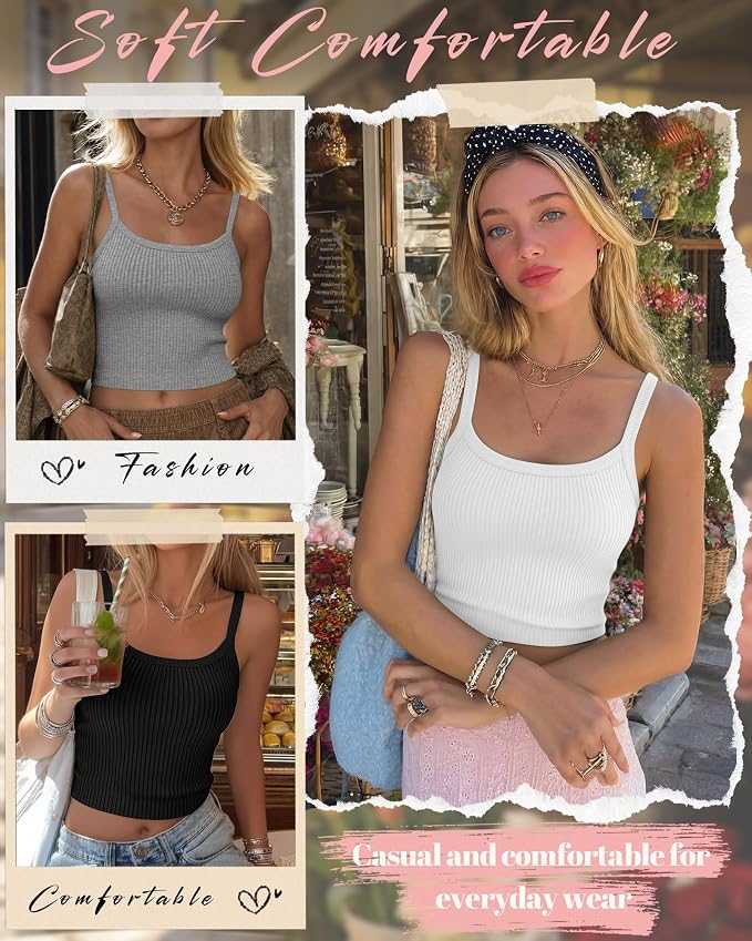 Ficerd 3 Pack Women's Tank Tops 95% Cotton Spaghetti Strap Ribbed Crop Camisole Slim Fitted Basic Summer Sleeveless Layer