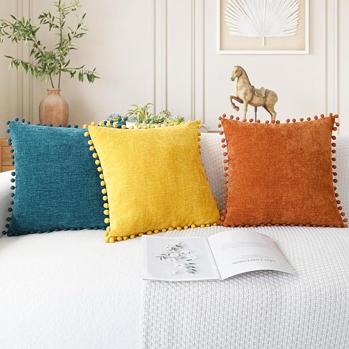 CaliTime Decorative Couch Throw Pillow Covers 22 X 22 Inches Ocean Blue | Pack of 2, Cozy Chenille Cushion Cases, with Pom Poms for Sofa Bed Living Room Farmhouse Home