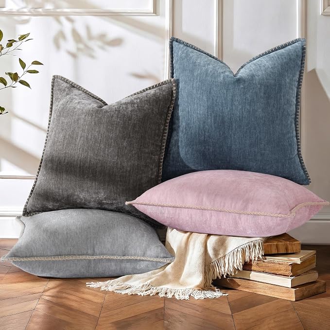 decorUhome Soft Chenille Throw Pillow Covers 12x20 Set of 2 Dark Grey | Fall Textured Decorative Throw Pillow Cases Stitched Edge Modern Farmhouse Luxury Boho Velvet for Couch Sofa Bed Home Decor