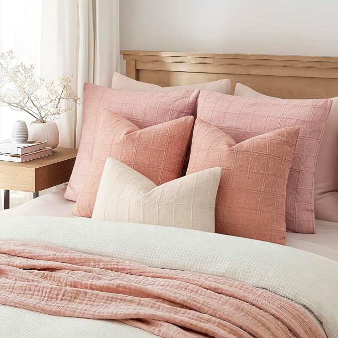 Foindtower Set of 2 Decorative Linen Check Throw Pillow Covers Neutral Farmhouse Vintage Cushion Covers Modern Boho Accent Home Decor for Sofa Chair Couch Bedroom Living Room,26×26 Inch,Coral Pink