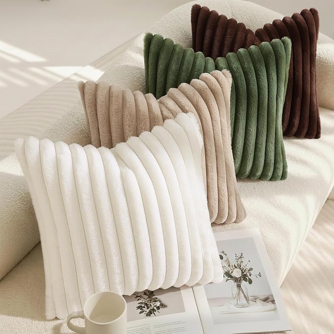 decorUhome Fall Faux Fur Throw Pillow Covers 26x26 Set of 2 Olive Green | Decorative Soft Cozy Striped Plush Modern Farmhouse Boho Couch Pillow Cases Velvet Back for Sofa Bed Living Room Home Decor