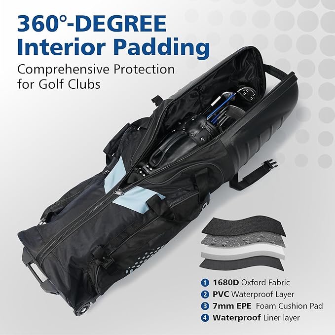 Golf Travel Bags for Airlines with Wheels, Hard Case Top and 1680D Heavy Duty Oxford Protect Golf Clubs, Lightweight and Easy to Maneuver